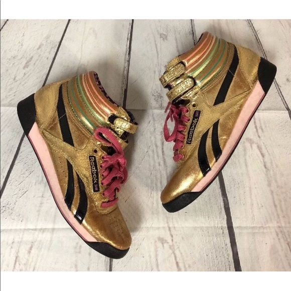 reebok freestyle hi metallic gold